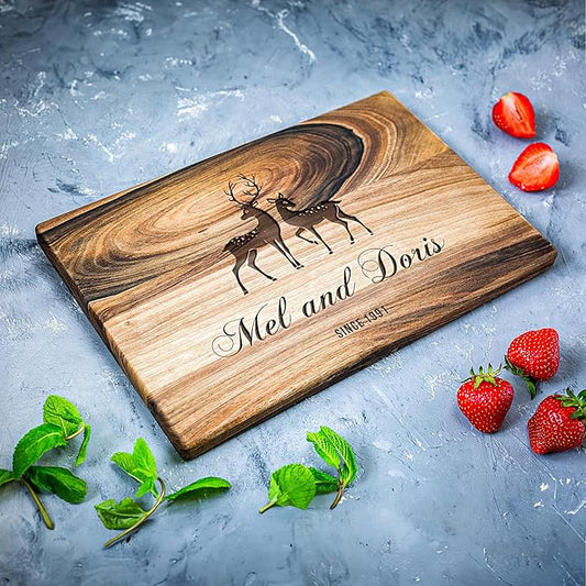 Personalized Walnut Wood Cutting Board – Custom Deer Couple Engraving with Names – 8x12 Inches – Gift for Wedding, Anniversary, Christmas, Housewarming, Mother’s Day – Great for Parents and Friends