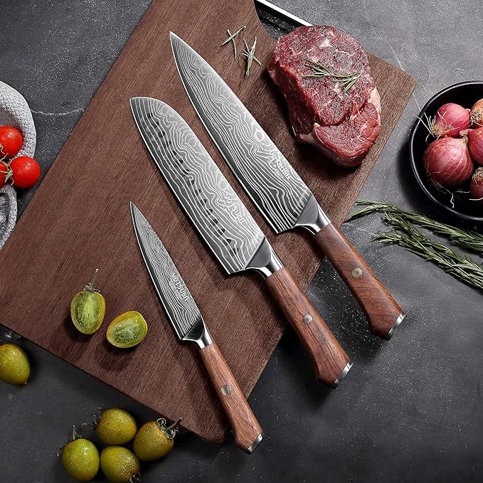 YOTSUBA Kitchen Knives Set 3 PCS, Ultra Sharp Chef Knives High Carbon Stainless Steel, for Home & Restaurant Use, With Smooth Ergonomic Handle and Stylish Premium Gift Box for Meat Slicing& Vegetables