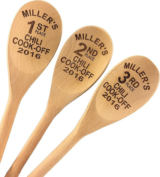 Wedding Collectibles Custom Engraved 14in Chili Cook Off Prizes | Set of 3 Wooden Spoons | Personalized Beech Wood Spoons as Event Chili Cookoff Trophies