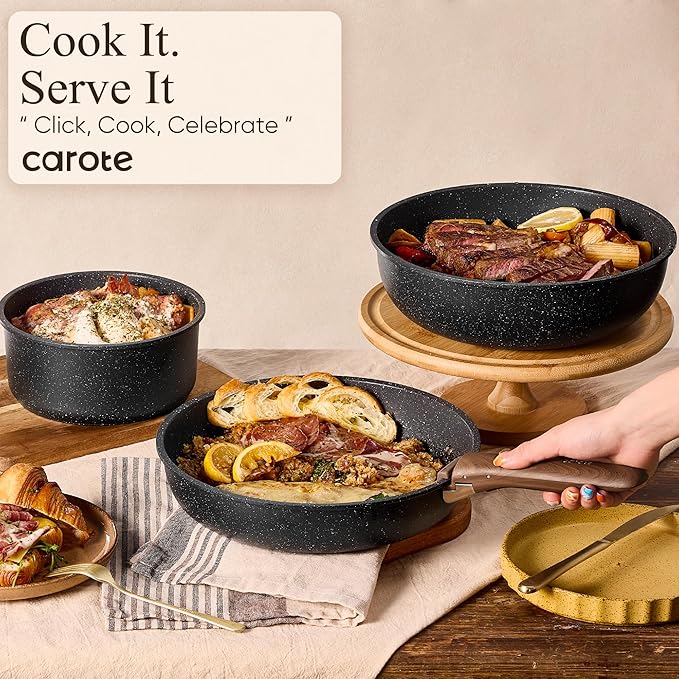 CAROTE Pots and Pans Set Non Stick, Cookware Sets, Kitchen Set, Oven/Dishwasher/Fridge Safe, Space Saving Pots Set, Nonstick Set with Versatile Detachable Handle, Induction RV Set, Black