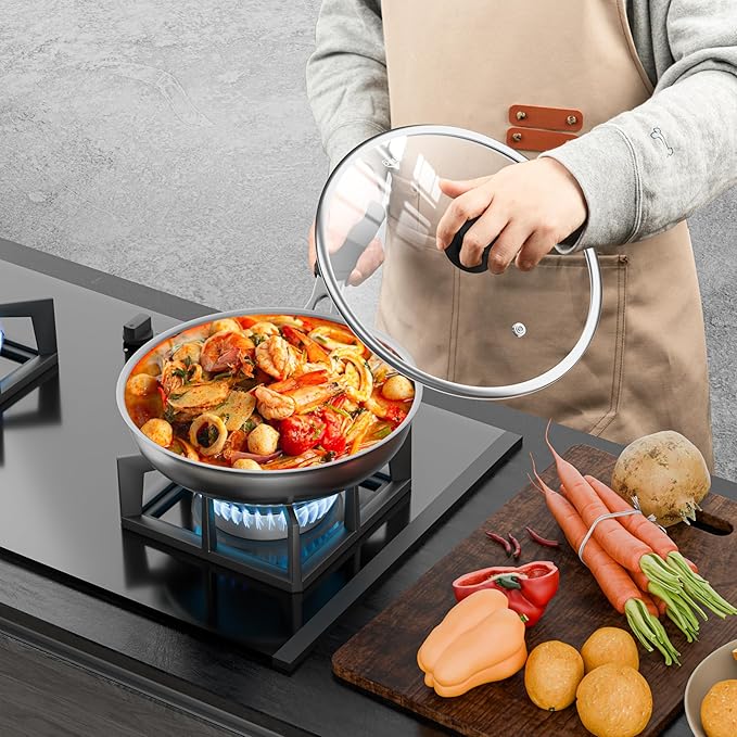 12 Inch Pan Lid For Pots Pans and Skillets, Cast Iron Skillet Lid, Large Tempered Glass Frying Pan Lids/Pot Cover Replacement, Crock Pot Lids with Wide Stainless Steel Rim, Cookware Lids Cover