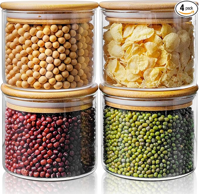 17oz - 4 Pack Glass Jars with Bamboo Lids, Glass Food Storage Containers with Airtight Lids, Air Tight Pantry Storage Containers for Coffee, Sugar, Spice, Meal Prep Jars for Salad & Fruit