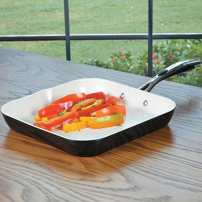 Tramontina Gourmet Ceramica Deluxe Aluminum Square Grill Pan, Non Stick Pan with Ceramic Interior, 11-inch, Metallic Black, Made in Italy