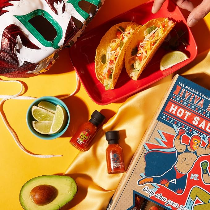 Thoughtfully Gourmet, Luchador Hot Sauce Book Gift Set, Flavors Include Smoky Bourbon, Habanero, Garlic Del Fuego & More, Hot Sauce Sampler, Set of 12
