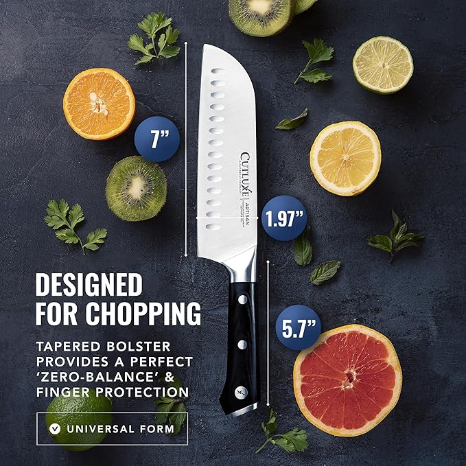 Cutluxe Santoku Knife – 7" Chopping Knife, Vegetable Knife – Forged High Carbon German Steel – Sheath Included – Full Tang & Razor Sharp – Ergonomic Handle Design – Artisan Series