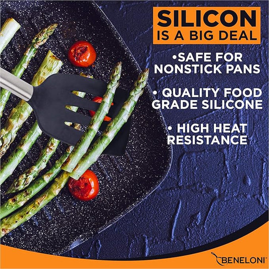 PREMIUM Silicone Kitchen Serving Utensil Set - Stainless Steel Metal and Black Utensils Including Tongs Spoons Spatula Ladle Whisk and Frosting Spatula Professional Nonstick Safe Modern Cooking Tools