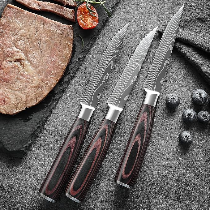Serrated Steak Knife Set - 6pcs Premium 4.5 inch Kitchen Cutting Steak Knives, German Stainless Steel Knife Professional Table Dinner Knife with Pakkawood Handle for Home Restaurant