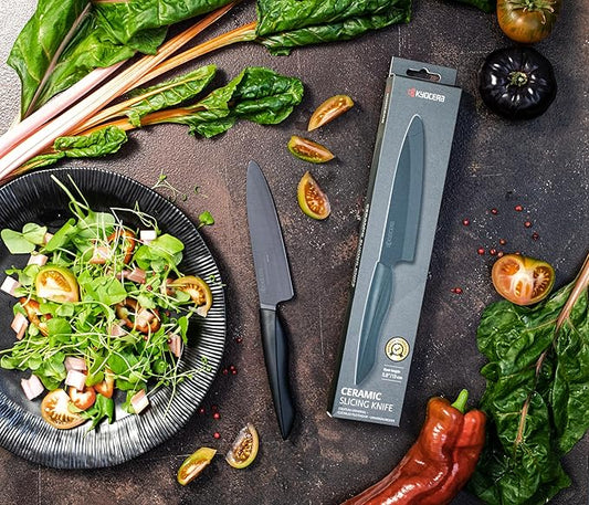 Kyocera Innovation Series Ceramic 5" Slicing Knife, with Soft Touch Ergonomic Handle-Black Blade, Black Handle