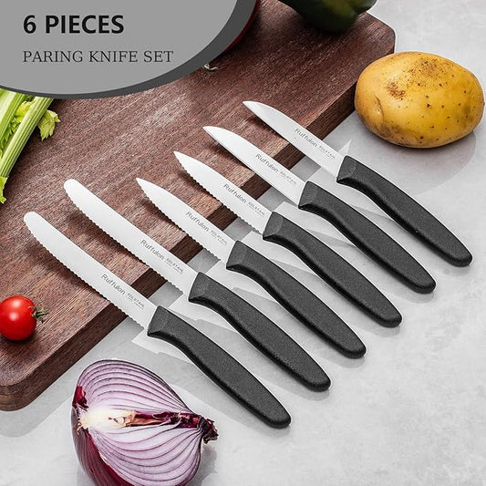 Vegetable and fruit knife set of six, high carbon stainless steel paring knife with ergonomic PP plastic handle, sharp, super sharp kitchen knife set.