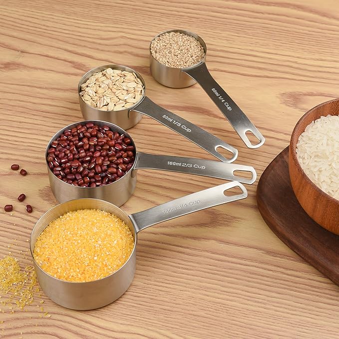 Measuring Cups Set, 18/8 Stainless Steel Measuring Cups for Dry & Liquid, Metal Measure Cups With Bonus Magnetic Conversion Chart for Kitchen & Baking
