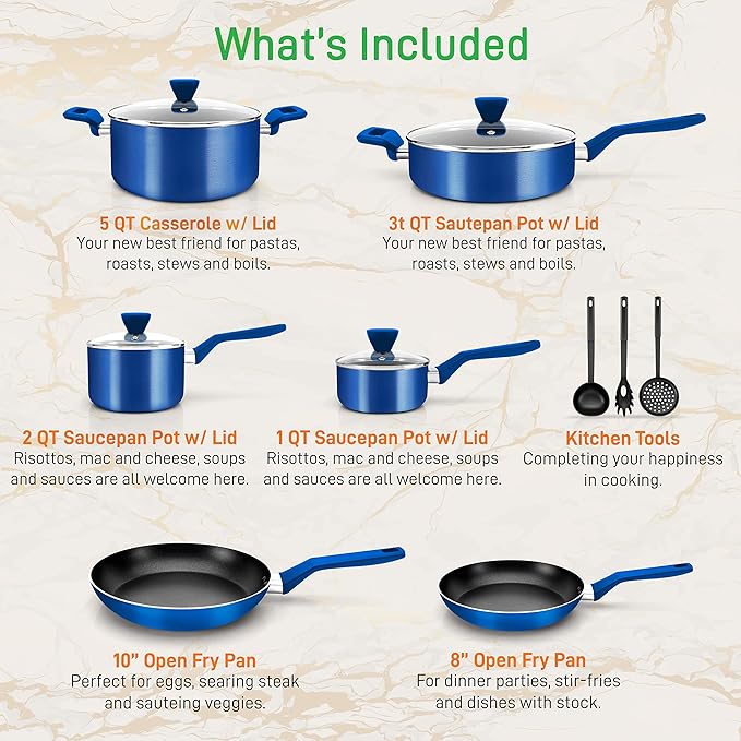 NutriChef Kitchenware Pots & Pans - Stylish Kitchen Cookware Set, Non-Stick 13-Piece Set, Blue, NCCWA13BU.5