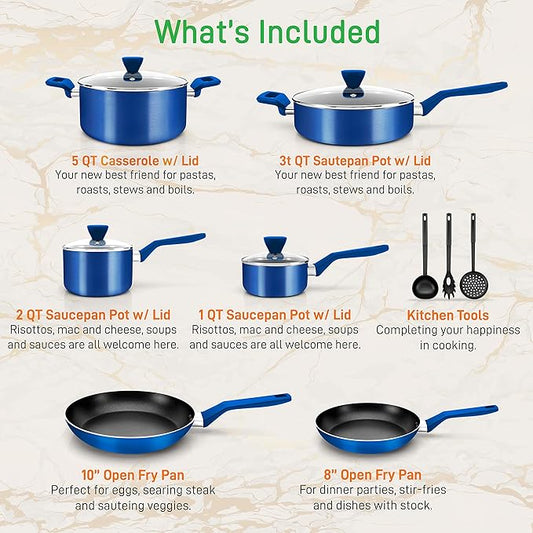 NutriChef Kitchenware Pots & Pans - Stylish Kitchen Cookware Set, Non-Stick 13-Piece Set, Blue, NCCWA13BU.5