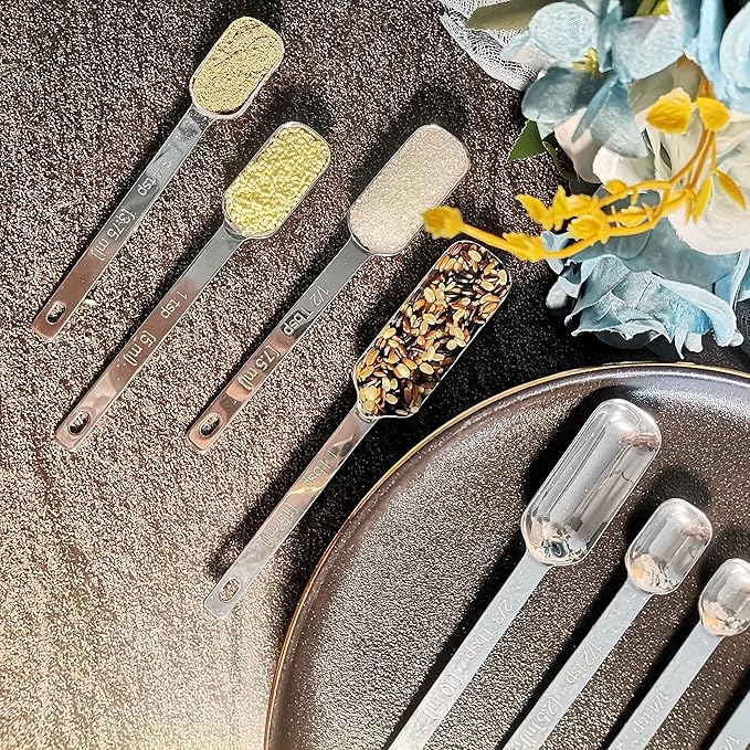 Measuring Spoons Set, 18/8 Stainless Steel Measuring Spoons, Heavy Duty Narrow Metal Measure Spoon with Long Handle, Metric & US Engraved Measurements Set 9 Fits in Spice Jars for Dry or Liquid