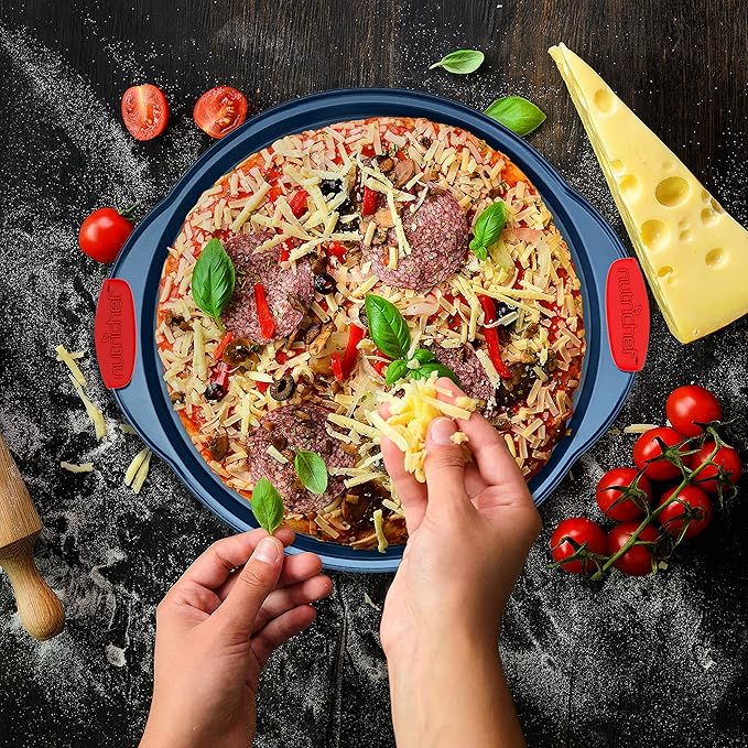 NutriChef 8-Piece Bakeware Set - Nonstick Carbon Steel Baking Pans with Red Silicone Handles, Blue Coating, Durable & Stain-Resistant, Perfect for Baking Cakes, Muffins, Cookies (Blue)