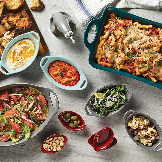 Rachael Ray Solid Glaze Ceramics Au Gratin Bakeware / Baker Set, Oval - 2 Piece, Teal
