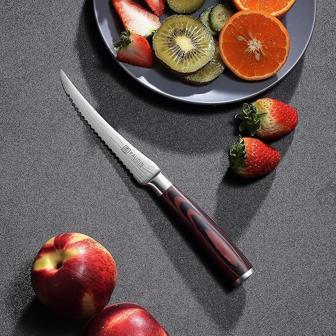 PAUDIN Tomato Knife, 5 inch Serrated Tomato Knives with Sheath, High Carbon Stainless Steel Tomato Slicer Knife for Smooth Cutting Slicing Vegetables and Fruits