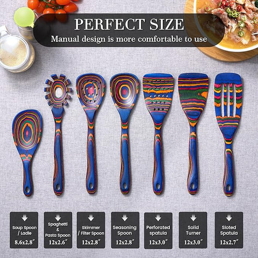 Heat-Resistant Wood Cooking Utensils - 7pc Set, Eco-Friendly, Includes Spatula, Pasta & Slotted Spoons, Essential Kitchen Tool