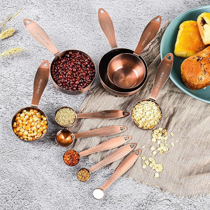 Copper Plated Measuring Cups and Spoons Set with 5 Copper Measuring Cups and 5 Measuring Spoons and Measure Ingredient Leveler and Rings, Metric & US Metal Measure Cups and Spoons for Baking & Kitchen