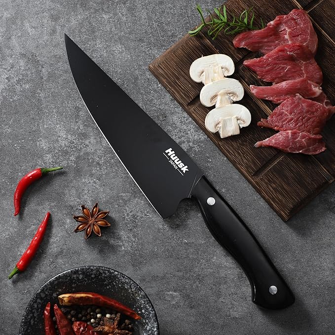 Huusk Japanese Chef Knife Set for Kitchen - 3 pcs Black Kitchen Knife Set with Titanium Coating, Stainless Cutting Knives Sets, Professional Cooking Knives for Vegetable Fruit Meat, Fathers Day Gift