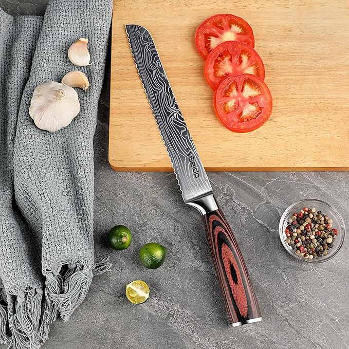 Seido Knives Master 8 Inch Serrated Bread Knife – High Carbon Stainless Steel Blade with Damascus Pattern Scalloped Serrations Full Tang & Ergonomic Pakkawood Handle