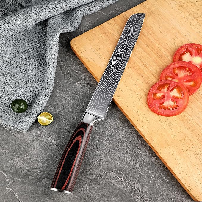 Seido Knives Master 8 Inch Serrated Bread Knife – High Carbon Stainless Steel Blade with Damascus Pattern Scalloped Serrations Full Tang & Ergonomic Pakkawood Handle