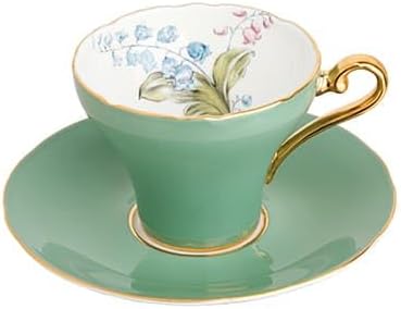 Aynsley Handpainting Colored Glaze Lily of the Valley Corset Fine Bone China English Tea Cup and Saucer Set, 6.1 oz (Green)