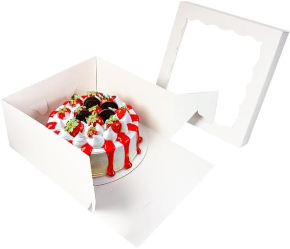 qiqee White 12x12x8 Cake Box, 4 Sets White Cake Box with Window ＆ 4 Sets 12" White Cake Round Boards, 12inch Cake Containers