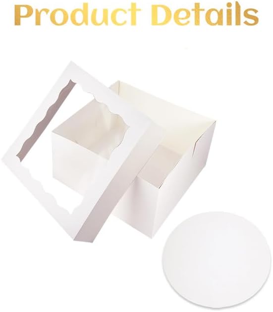 qiqee White 12x12x8 Cake Box, 4 Sets White Cake Box with Window ＆ 4 Sets 12" White Cake Round Boards, 12inch Cake Containers