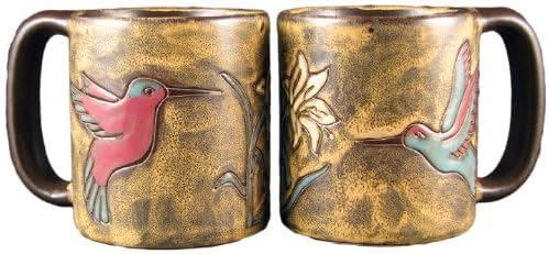 Set Of Two (2) MARA STONEWARE COLLECTION - 16 Oz. Coffee Cup Collectible Dinner Mugs - Hummingbird & Flowers