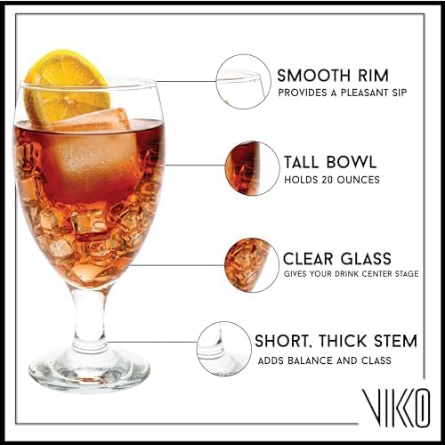 Vikko Classic Goblet Party Glasses, 20 Ounce Iced Tea and Water Goblets, Set of 12, Dishwasher Safe Durable Glassware