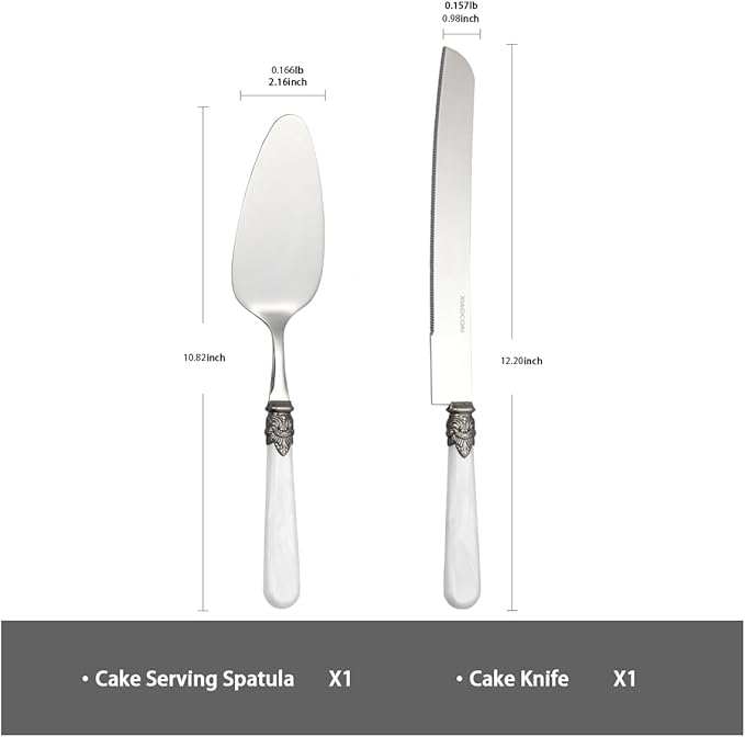 2-piece Cake Knife and Serve Set, Fancy Hand Craft Italian Design, Vintage Pie Knife Server Set with Handle, Cake Cutter Set (White)