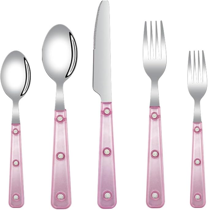 Silverware Set, 40Piece Stainless Steel Cutlery set,Set for 8 People,Includes Knife, Fork, Spoon, Dessert Spoon and Dessert Fork, with Elegant Frosted Transparent Handles (Pink（40 PC）)