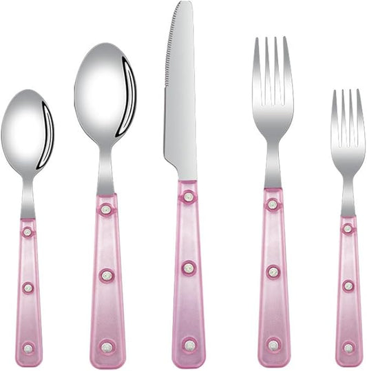 Silverware Set, 20 Piece Stainless Steel Cutlery set,Set for 4 People,Includes Knife, Fork, Spoon, Dessert Spoon and Dessert Fork, with Elegant Frosted Transparent Handles (Pink（20 PC）)