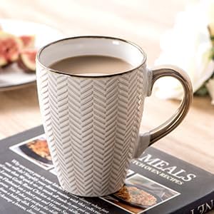 Ceramic Coffee Mug Set - 16 Oz Large Coffee Mugs - Embossed Stoneware Cups with Handle for Latte Tea Cappuccino Cocoa - Microwave Dishwasher Safe - Set of 4 - Leaf Pattern