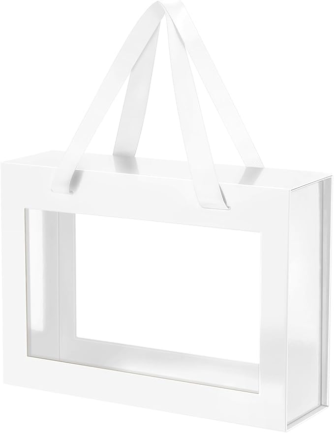 White Gift Box with Window, Clear Magnetic Gift Box with Handle for Present, Bridesmaid Proposal Box (10.5x7.5x3 Inches