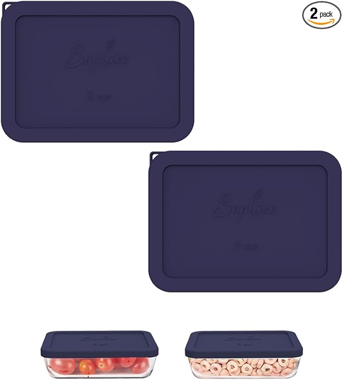 Sophico 3 Cup Rectangle Silicone Storage Cover Lids Replacement for Pyrex 7210-PC Glass Bowls, Container not Included (NAVY BLUE, 2 Pack)