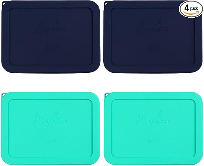 Sophico 6 Cup Rectangle Silicone Storage Cover Lids Replacement for Pyrex 7211-PC Glass Bowls, Container not Included (Navy Blue-Mint)