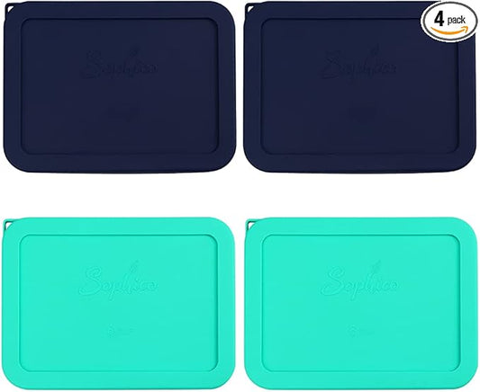 Sophico 6 Cup Rectangle Silicone Storage Cover Lids Replacement for Pyrex 7211-PC Glass Bowls, Container not Included (Navy Blue-Mint)