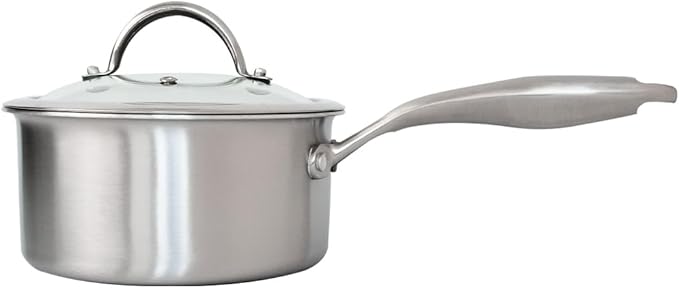 Stainless Steel Small Brushed Saucepan With Lid, Induction Cooking Sauce Pot Pans, 18/10Tri-Ply Heavy Bottom Saucier Cookware, Dishwasher Safe & Oven Safe (2.5QT)