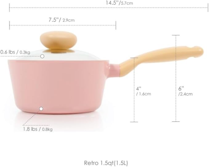 Neoflam Retro 1.5QT Saucepan with Lid – 7" (18cm) Heavy-Duty Nonstick Ceramic Coated Sauce Pot with Bakelite Handle, Pink Color, Dishwasher Safe, Elegant Kitchen Cookware, Made in Korea