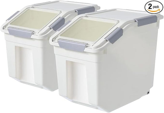 30Lbs 2 Pack Food Storage Container with Scoop, Airtight Rice Storage Bins Flour Containers Pet Food Dispenser with Handle & Wheels, Plastic Kitchen Pantry Organization for Cereal Baking Supplies