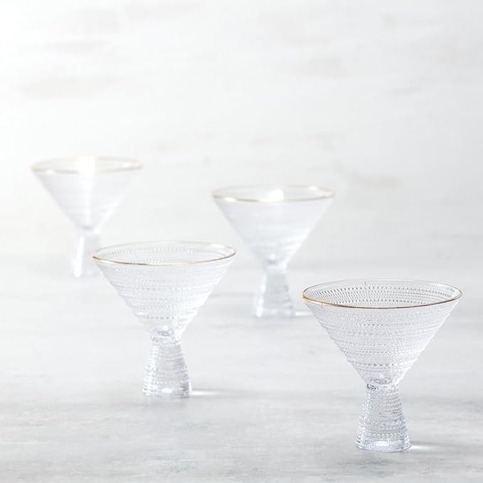 Fortessa Jupiter Beaded Hobnail Glass, 11.5 Ounce Martini Glass (Set of 4), Gold Rim Clear