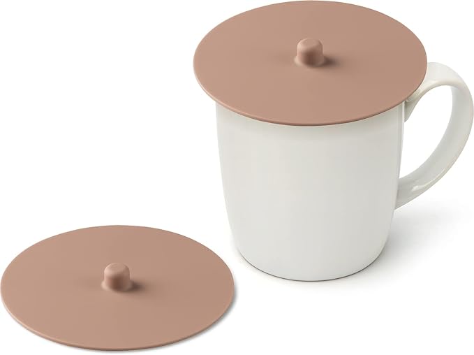 Carrotez 2 Pack Silicone Cup Cover Lids, 4.3 Inch Mug Covers, Reusable Silicone Coffee and Tea Cup Lids - Pink Beige