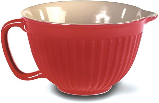 Omniware Simsbury Batter Bowl - 2 Quart Stoneware Mixing Bowl with Handle & Pour Spout - Microwave, Oven, Freezer, Dishwasher Safe - Food Safe Bakeware (Red)
