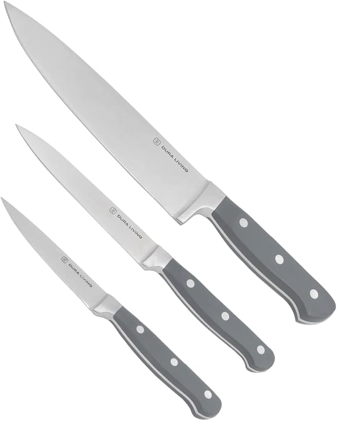 3-Piece Kitchen Knife Set – Ultra-Sharp Forged High Carbon Stainless Steel, Includes 8" Chef, 5" Utility, 3.5" Paring Knives, Ergonomic Handles, Professional Starter Set, Gray