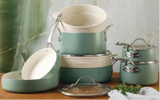 Bloomhouse 12 Piece Aluminum Pots and Pans Cookware Set w/Non-toxic Ceramic Non-stick, Ceramic Steamer Insert, & 12 Protective Care Bags - Sage Green
