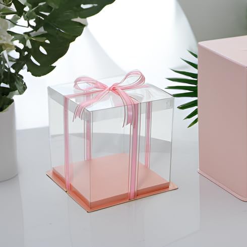 XININSUN pink clear cake box with ribbon,12x12x10inch tall cake boxes for tiered cake, transparent cake carrier, cake containers clear gift box for wedding, birthday, party(6pcs)