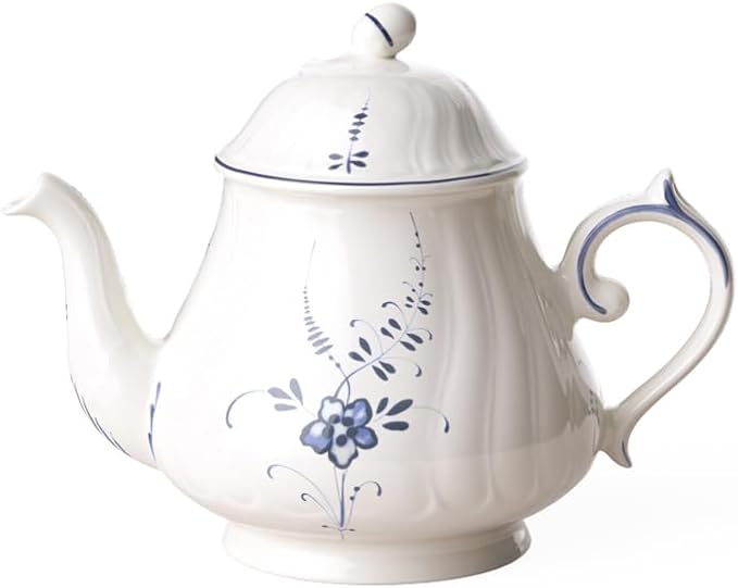 Villeroy & Boch Vieux Luxembourg Teapot, 37 oz, Premium Porcelain, White/Blue