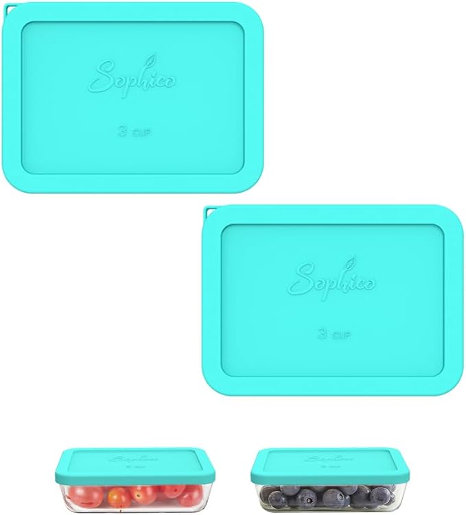 Sophico 3 Cup Rectangle Silicone Storage Cover Lids Replacement for Pyrex 7210-PC Glass Bowls, Container not Included (MINT, 2 Pack)