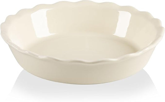 Sweejar Ceramic Pie Pan for Baking, 10 Inches Round Baking Dish for Dinner, Non-Stick Pie Plate with Soft Wave Edge for Apple Pie, Pumpkin Pie, Pot Pies (Beige)
